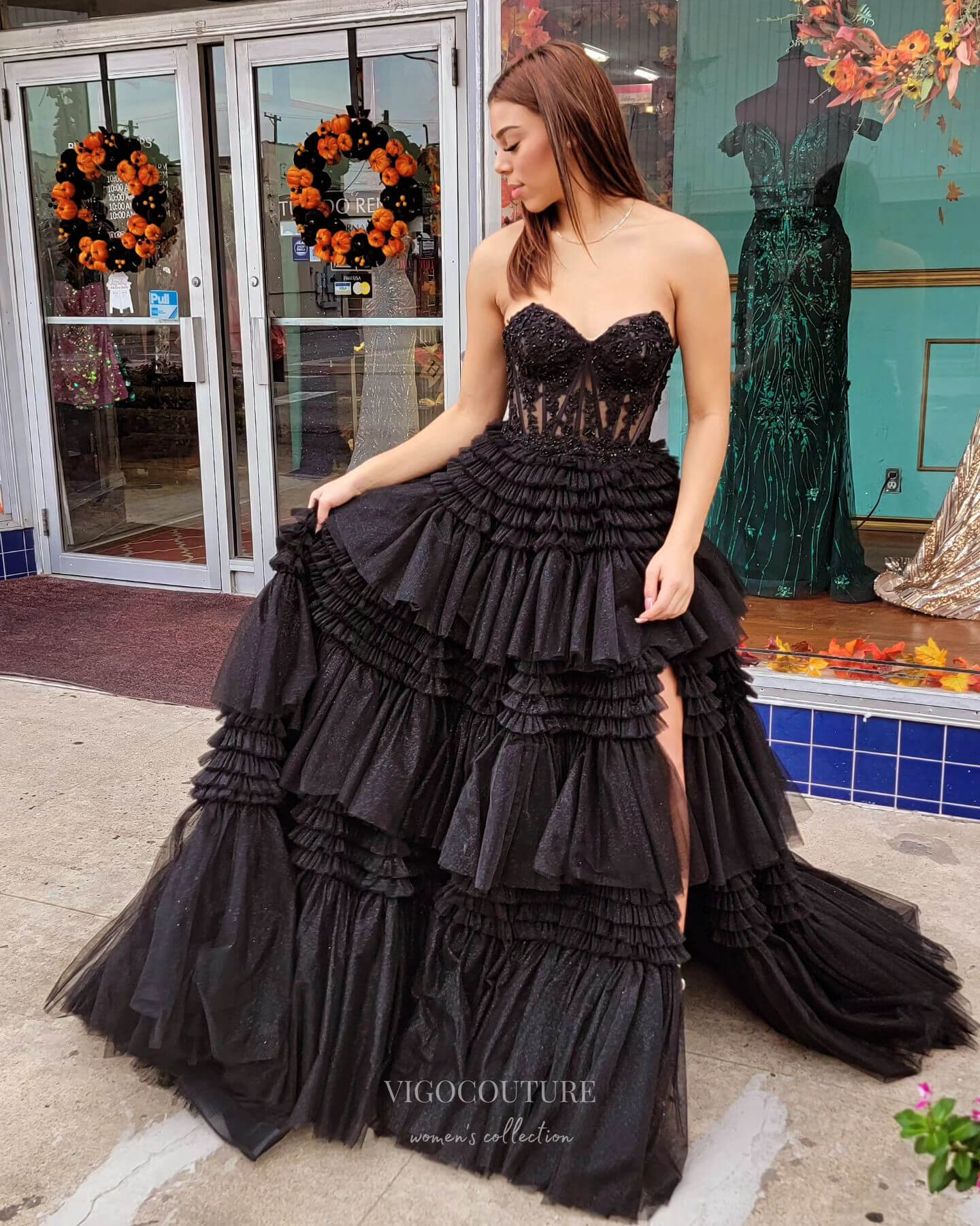 Prom Dress 2025 Radiant Ruffled Prom Dresses with Slit Strapless Lace Formal Dress 24002-unique elegant Prom Dresses-Black-Custom Size-vigocouture