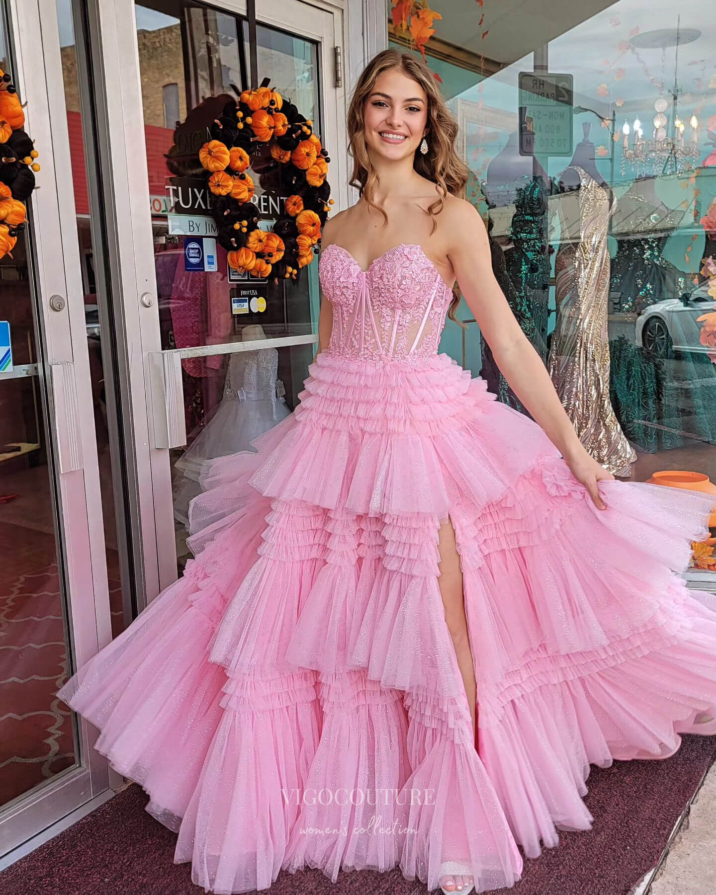 Prom Dress 2025 Radiant Ruffled Prom Dresses with Slit Strapless Lace Formal Dress 24002-unique elegant Prom Dresses-Pink-Custom Size-vigocouture