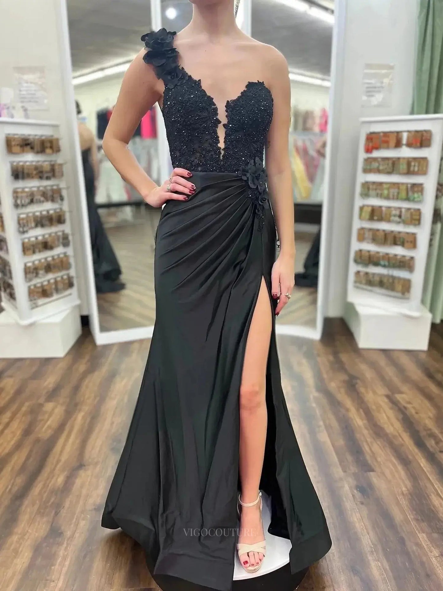 Prom Dresses 2025 to impress Radiant Satin Mermaid Prom Dresses 2025 with Floral One Shoulder, Sweetheart Neck & Slit – 25115-vigocouture-Black-Custom Size-vigocouture