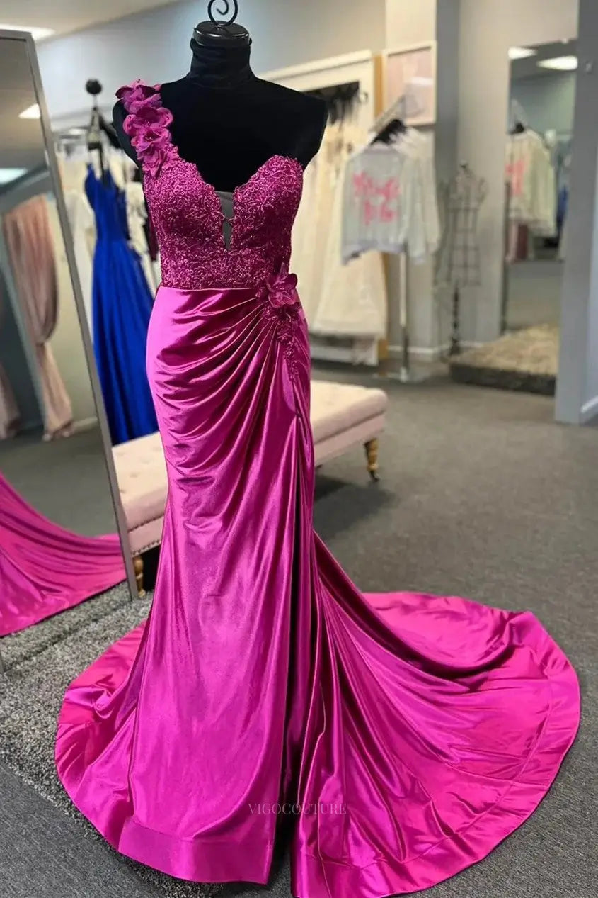 Prom Dresses 2025 to impress Radiant Satin Mermaid Prom Dresses 2025 with Floral One Shoulder, Sweetheart Neck & Slit – 25115-vigocouture-vigocouture