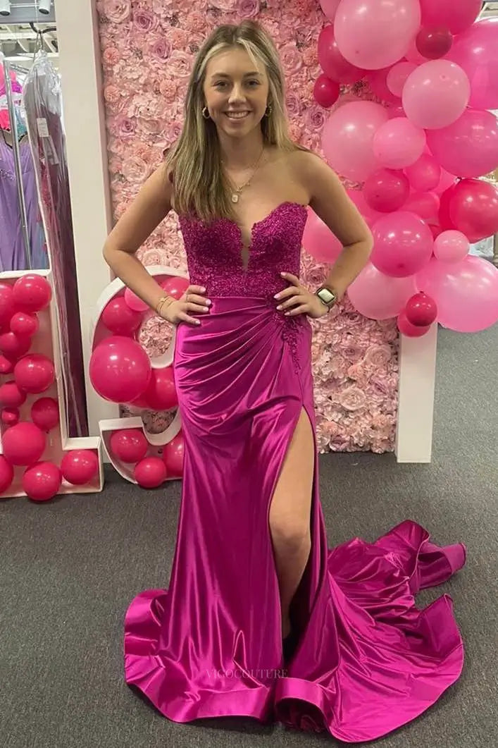 Prom Dresses 2025 to impress Radiant Satin Mermaid Prom Dresses 2025 with Floral One Shoulder, Sweetheart Neck & Slit – 25115-vigocouture-Magenta-Custom Size-vigocouture