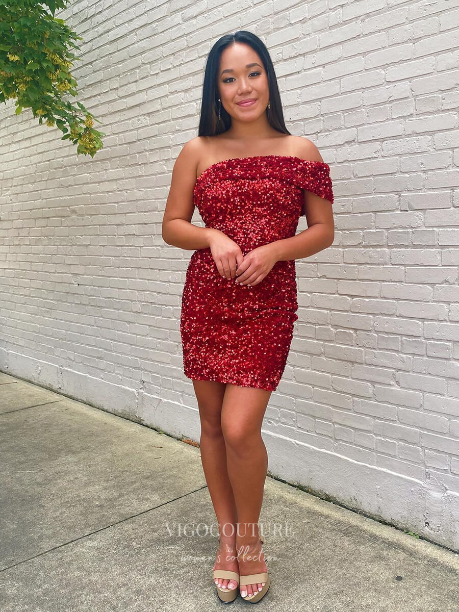 Short Prom Dresses 2025 Radiant Sequin Hoco Dress Off the Shoulder Bodycon Dress hc279-Prom Dresses-vigocouture-vigocouture