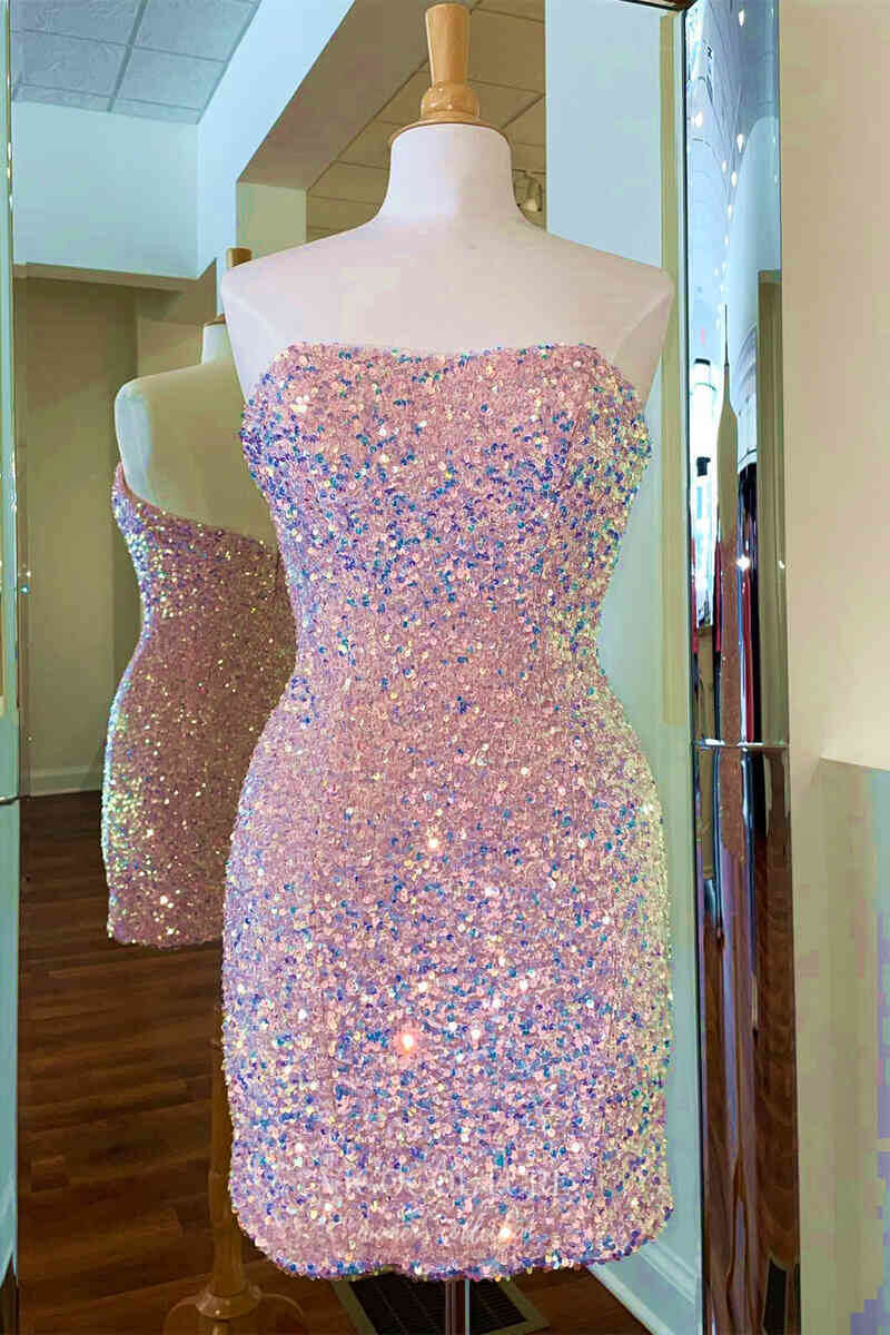 Short Prom Dresses 2025 Radiant Sequin Hoco Dress Strapless Bodycon Dress hc291-Prom Dresses-vigocouture-Pink-US0-vigocouture