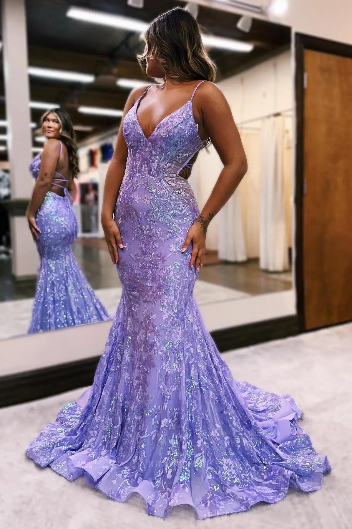 Prom Dresses 2025 to impress Radiant Sequin Lace Mermaid Prom Dress with Spaghetti Straps, Open Back & Sweep Train – 26118-vigocouture-Lavender-US 0-vigocouture