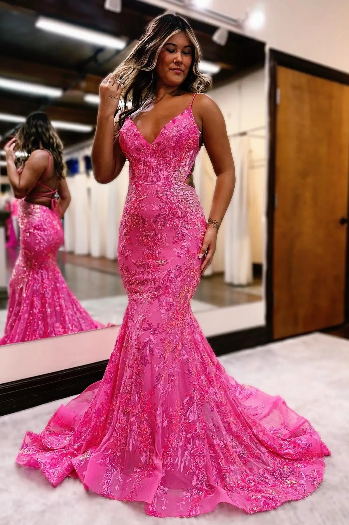 Prom Dresses 2025 to impress Radiant Sequin Lace Mermaid Prom Dress with Spaghetti Straps, Open Back & Sweep Train – 26118-vigocouture-Pink-US 0-vigocouture