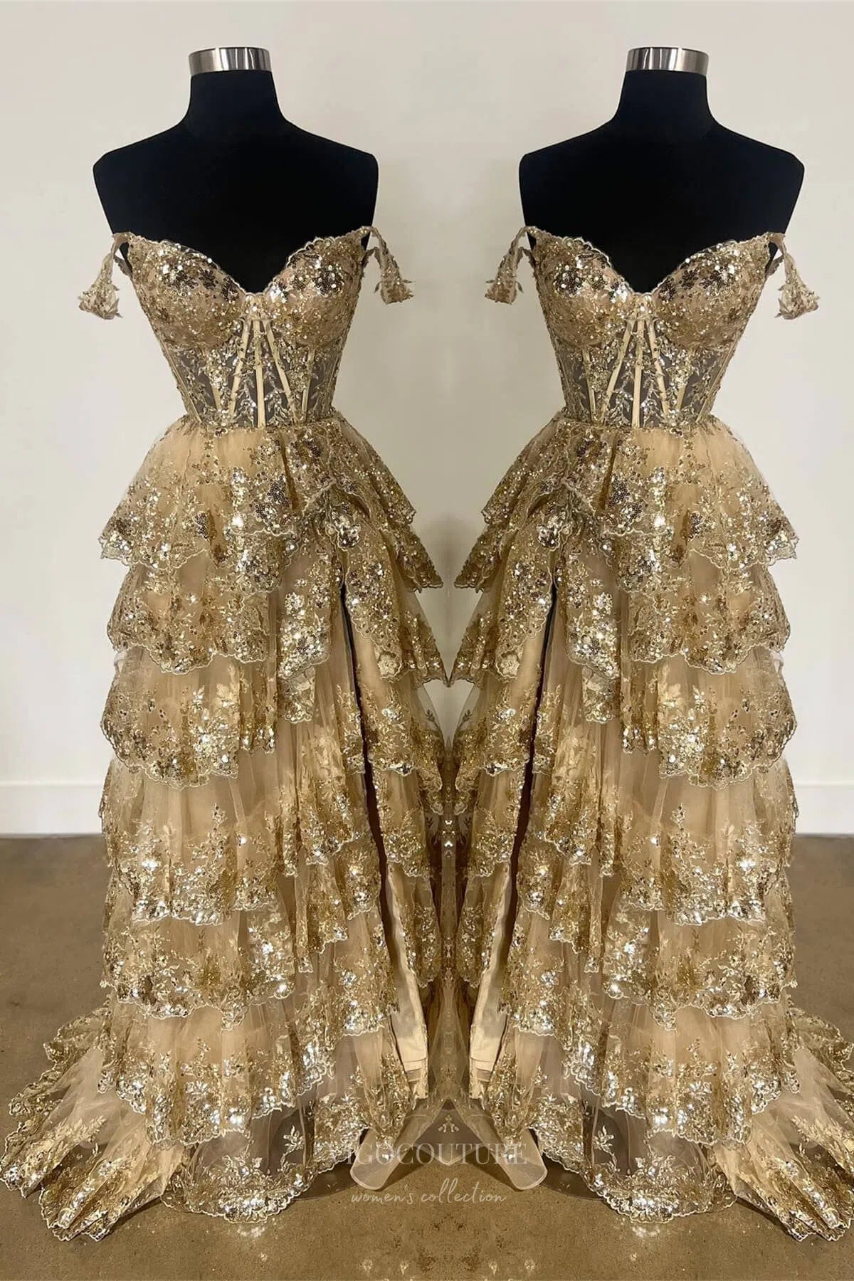 Prom Dress 2025 Radiant Sequin Lace Prom Dresses with Slit Ruffled Evening Dress 24051-unique elegant Prom Dresses-Gold-Custom Size-vigocouture