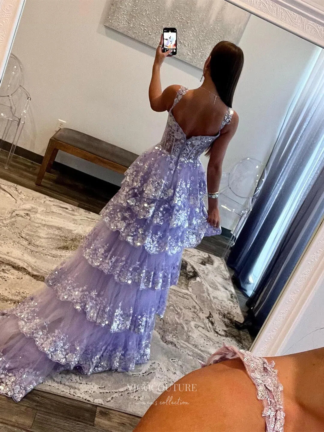 purple lace prom dress Furlla Women Gorgeous Off The Shoulder A Line Sequin Prom Dress with Glitter Finish Tiered Layers and Slit, Light Blue / US8