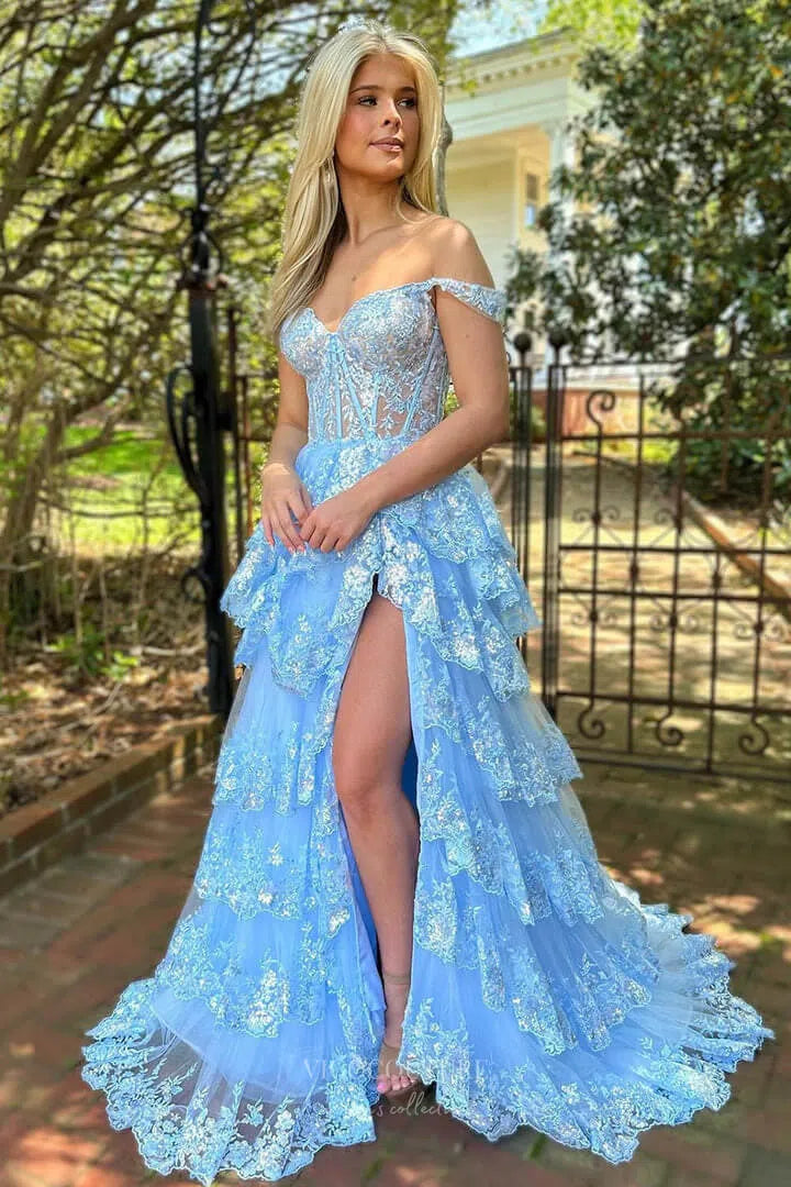 Prom Dress 2025 Radiant Sequin Lace Prom Dresses with Slit Ruffled Evening Dress 24051-unique elegant Prom Dresses-Light Blue-Custom Size-vigocouture