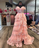 Prom Dress 2025 Radiant Sequin Lace Prom Dresses with Slit Ruffled Evening Dress 24051-unique elegant Prom Dresses-Pink-Custom Size-vigocouture