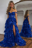 Prom Dress 2025 Radiant Sequin Lace Prom Dresses with Slit Ruffled Evening Dress 24051-unique elegant Prom Dresses-Royal Blue-Custom Size-vigocouture