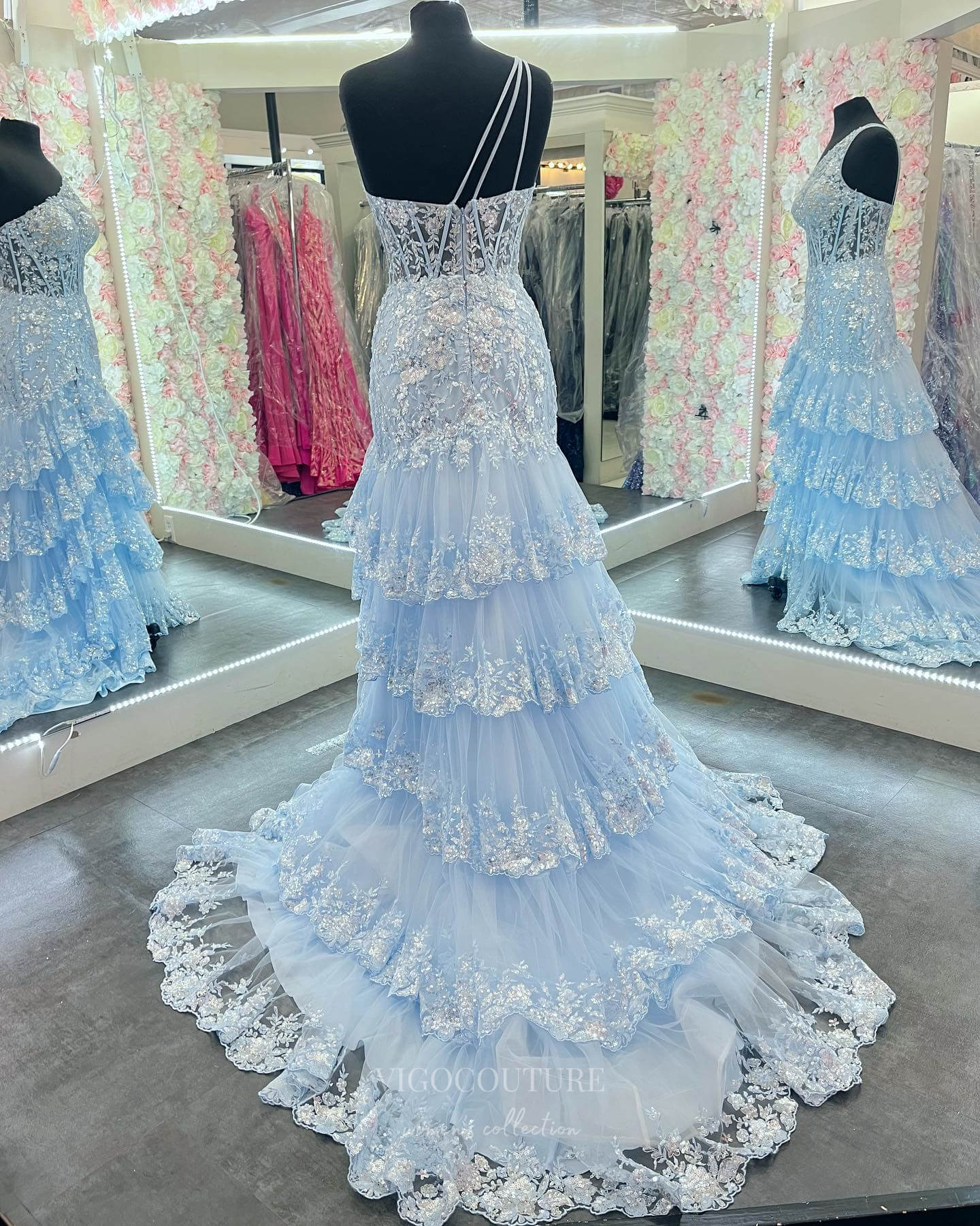 Radiant Sequin Lace Prom Dresses with Slit Ruffled One Shoulder Evening Dress 24053 Blue / US12 Radiant Sequin Lace Prom Dresses with Slit Ruffled One Shoulder Evening Dress 24053 Blue / US12