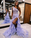 Prom Dress 2025 Radiant Sequin Lace Prom Dresses with Slit Ruffled One Shoulder Evening Dress 24053-unique elegant Prom Dresses-Lavender-Custom Size-vigocouture