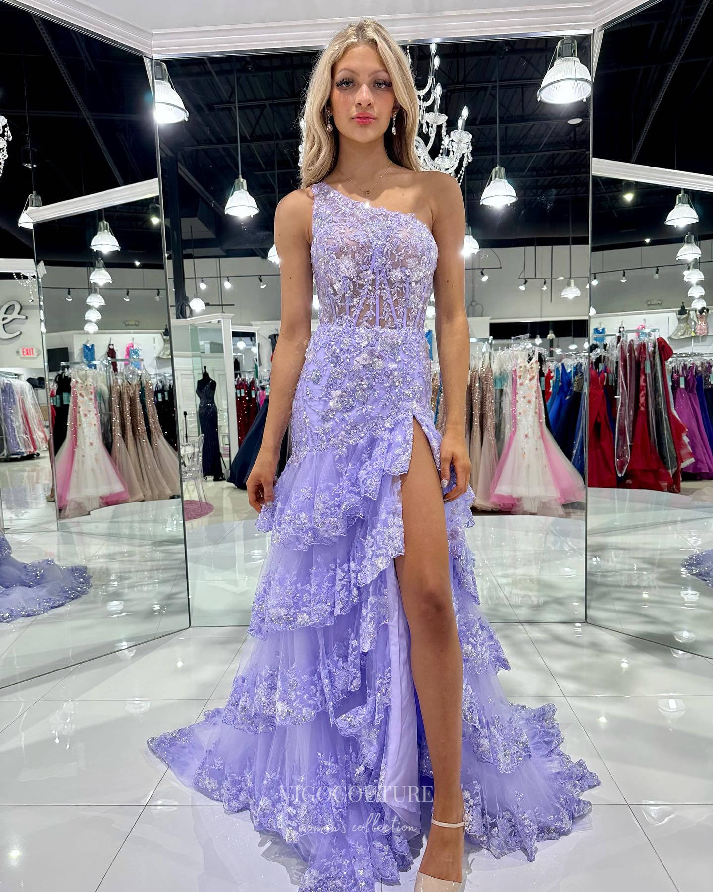 Prom Dress 2025 Radiant Sequin Lace Prom Dresses with Slit Ruffled One Shoulder Evening Dress 24053-unique elegant Prom Dresses-Lavender-Custom Size-vigocouture