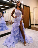 Prom Dress 2025 Radiant Sequin Lace Prom Dresses with Slit Ruffled One Shoulder Evening Dress 24053-unique elegant Prom Dresses-Lavender-Custom Size-vigocouture