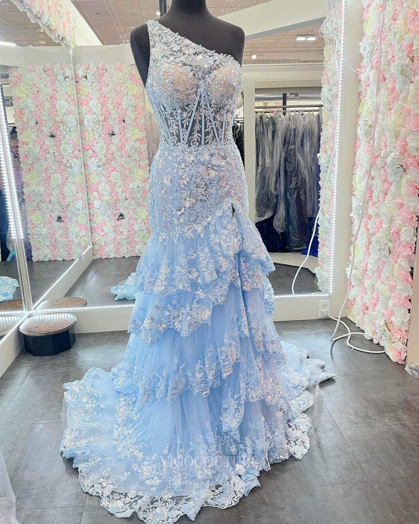 Radiant Sequin Lace Prom Dresses with Slit Ruffled One Shoulder Evening Dress 24053 Light Blue / US14 Radiant Sequin Lace Prom Dresses with Slit Ruffled One Shoulder Evening Dress 24053 Light Blue / US14