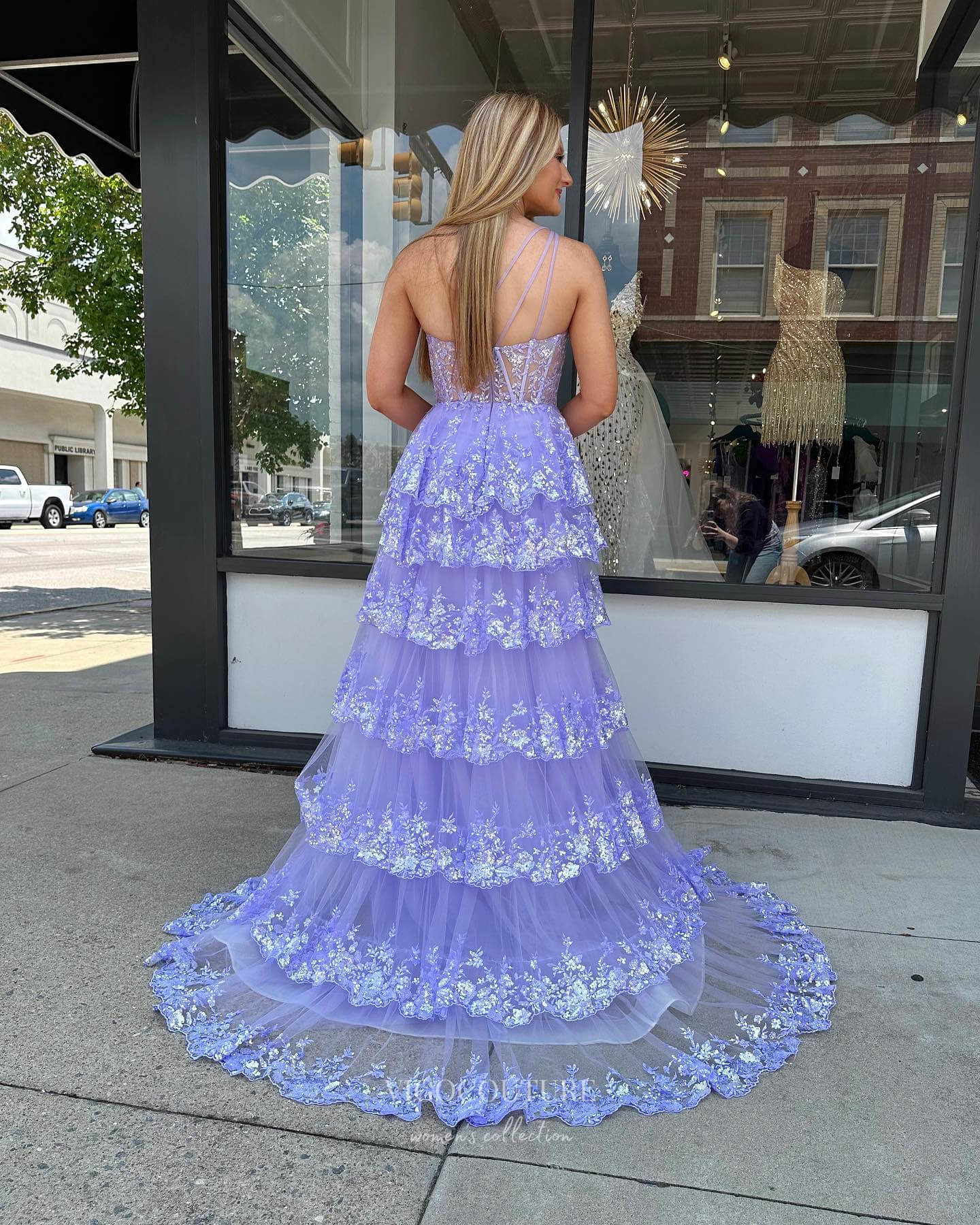 Prom Dress 2025 Radiant Sequin Lace Prom Dresses with Slit Ruffled One Shoulder Evening Dress 24055-unique elegant Prom Dresses-Lavender-Custom Size-vigocouture