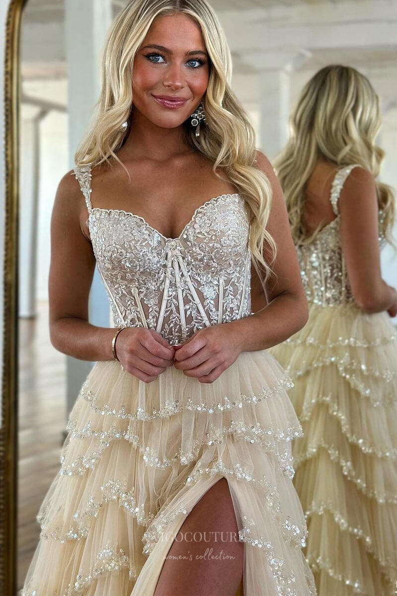 Radiant Sequin Lace Tiered Prom Dresses with Slit Sheer Boned Bodice 2 vigocouture Radiant Sequin Lace Tiered Prom Dresses with Slit Sheer Boned Bodice 2 vigocouture