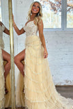 Prom Dress 2025 Radiant Sequin Lace Tiered Prom Dresses with Slit Sheer Boned Bodice 24308-unique elegant Prom Dresses-Champagne-Custom Size-vigocouture