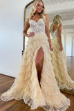 Prom Dress 2025 Radiant Sequin Lace Tiered Prom Dresses with Slit Sheer Boned Bodice 24308-unique elegant Prom Dresses-Champagne-Custom Size-vigocouture