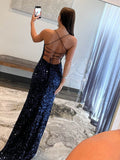 Prom Dress 2025 Radiant Sequin Mermaid Prom Dresses with Slit Spaghetti Strap Evening Dress 24042-unique elegant Prom Dresses-Navy Blue-Custom Size-vigocouture