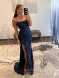 Prom Dress 2025 Radiant Sequin Mermaid Prom Dresses with Slit Spaghetti Strap Evening Dress 24042-unique elegant Prom Dresses-Navy Blue-Custom Size-vigocouture