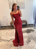 Prom Dress 2025 Radiant Sequin Mermaid Prom Dresses with Slit Spaghetti Strap Evening Dress 24042-unique elegant Prom Dresses-Red-Custom Size-vigocouture