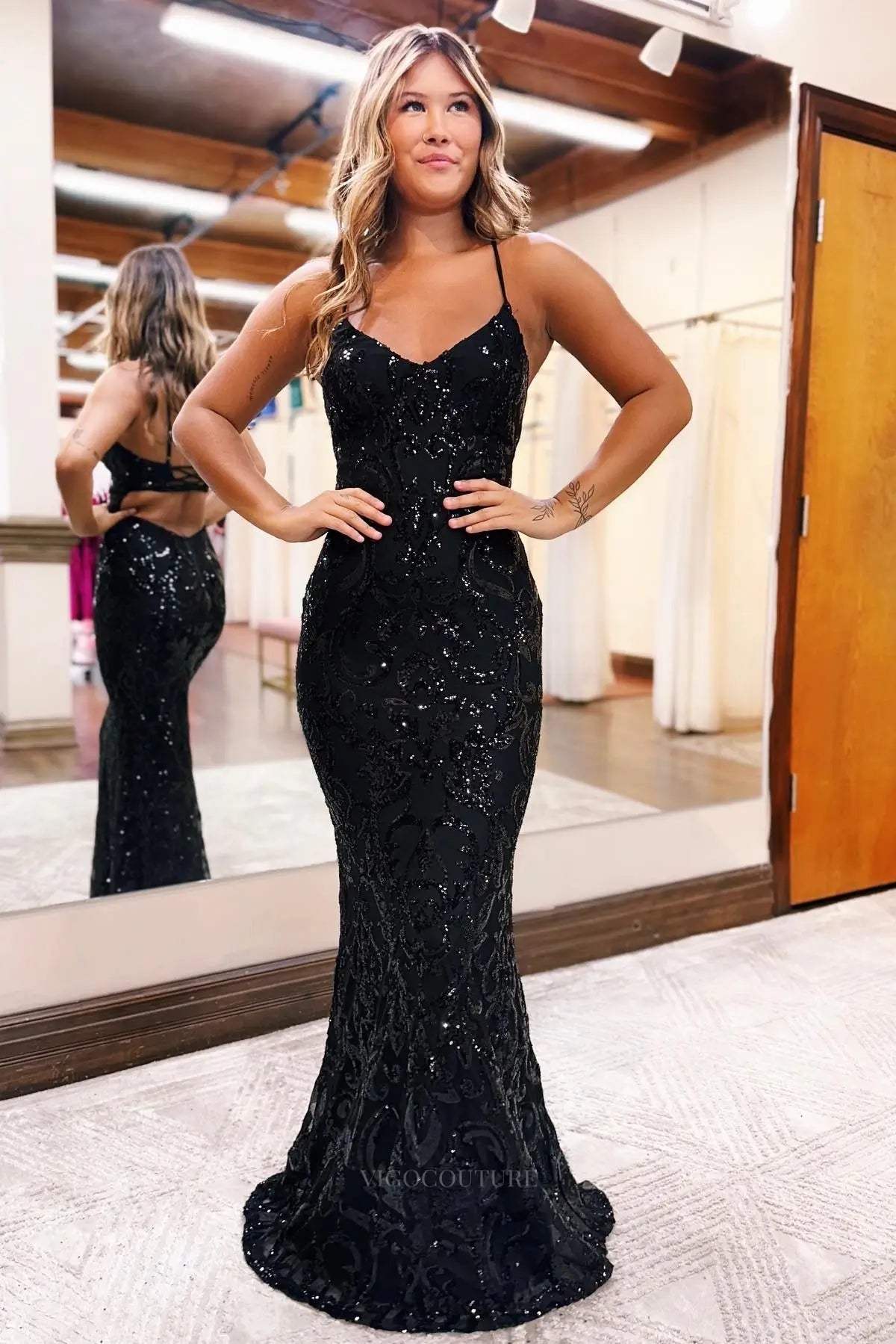 Prom Dresses 2025 to impress Radiant Sequin Pattern Prom Dress with Spaghetti Straps & Open Lace-Up Back – 26120-vigocouture-Black-US 0-vigocouture