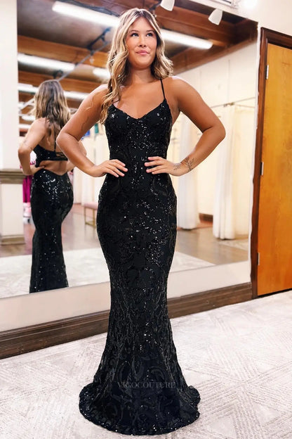 Prom Dresses 2025 to impress Radiant Sequin Pattern Prom Dress with Spaghetti Straps & Open Lace-Up Back – 26120-vigocouture-Black-US 0-vigocouture