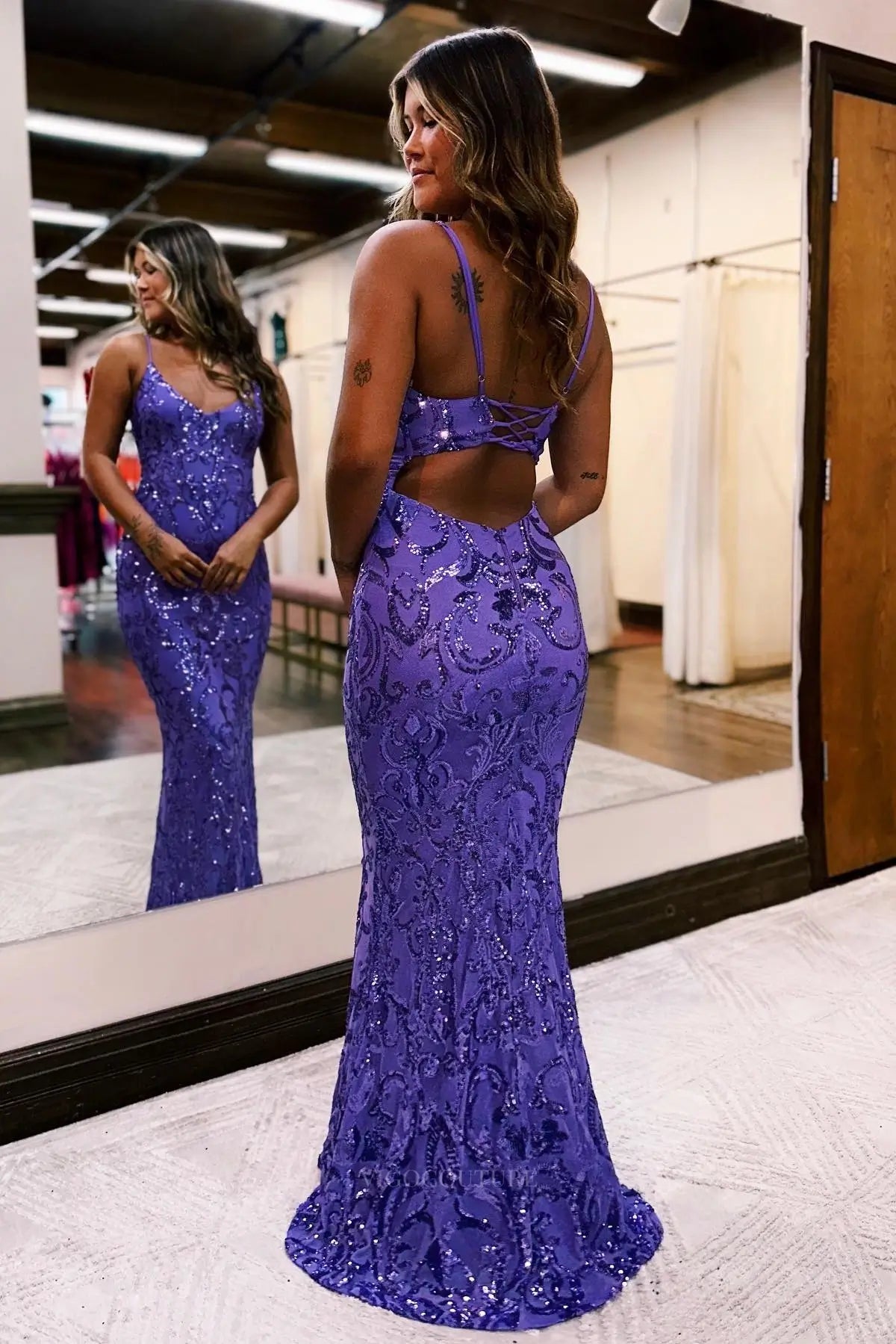 Prom Dresses 2025 to impress Radiant Sequin Pattern Prom Dress with Spaghetti Straps & Open Lace-Up Back – 26120-vigocouture-vigocouture