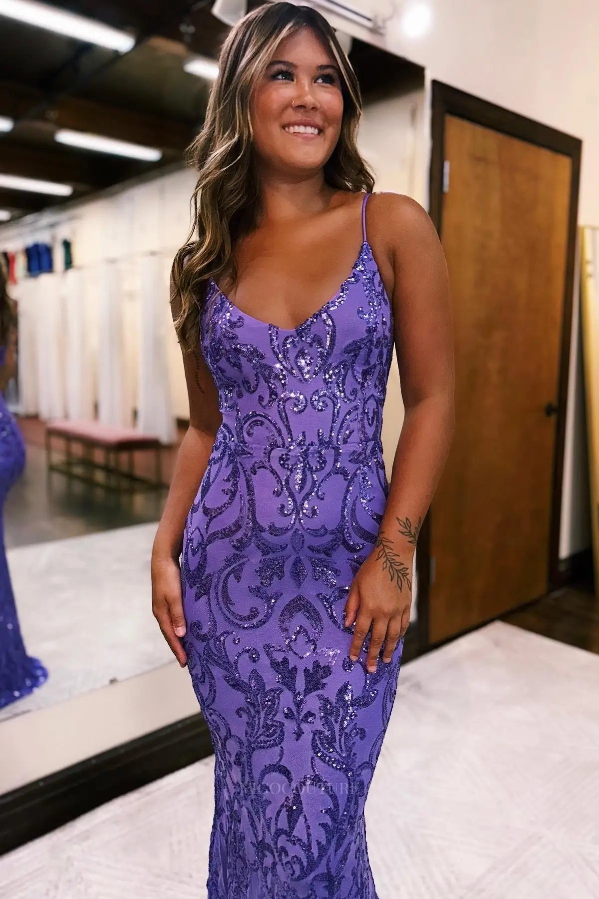 Prom Dresses 2025 to impress Radiant Sequin Pattern Prom Dress with Spaghetti Straps & Open Lace-Up Back – 26120-vigocouture-vigocouture