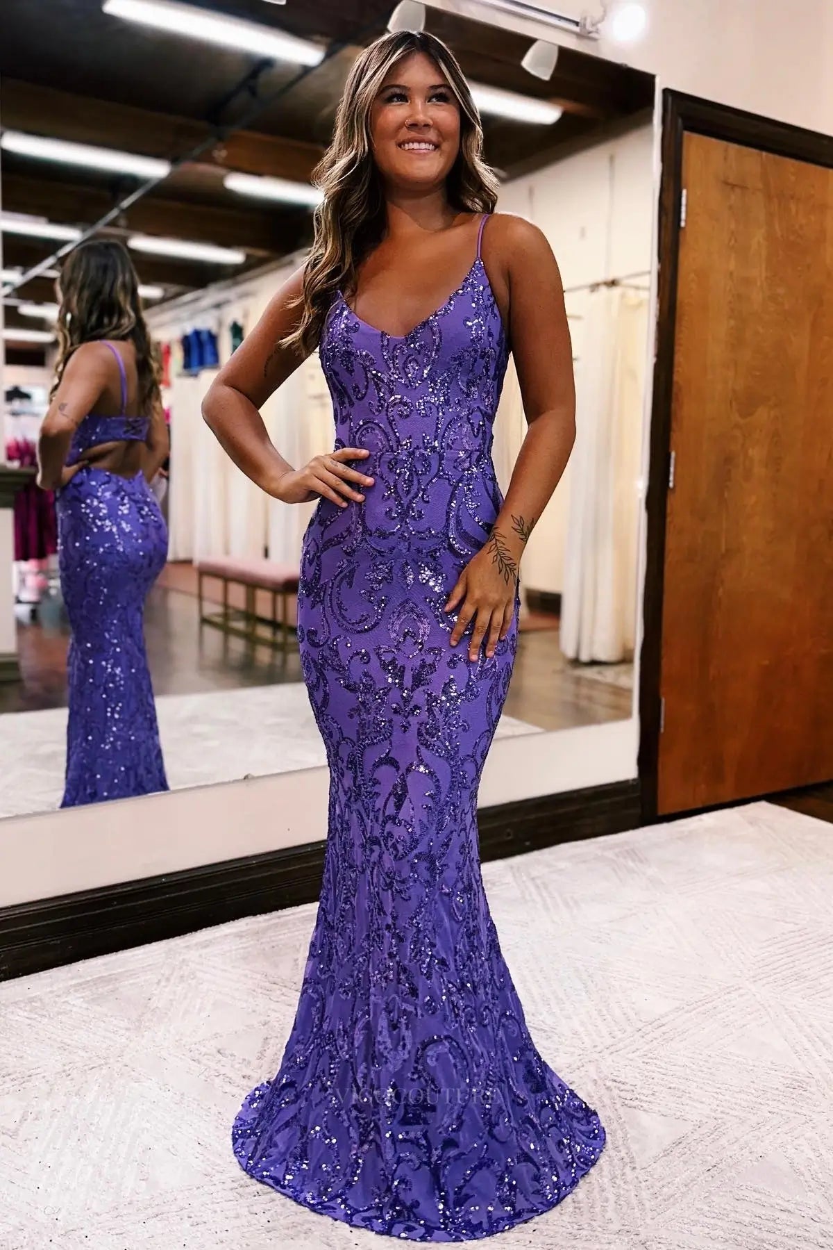 Prom Dresses 2025 to impress Radiant Sequin Pattern Prom Dress with Spaghetti Straps & Open Lace-Up Back – 26120-vigocouture-Purple-US 0-vigocouture