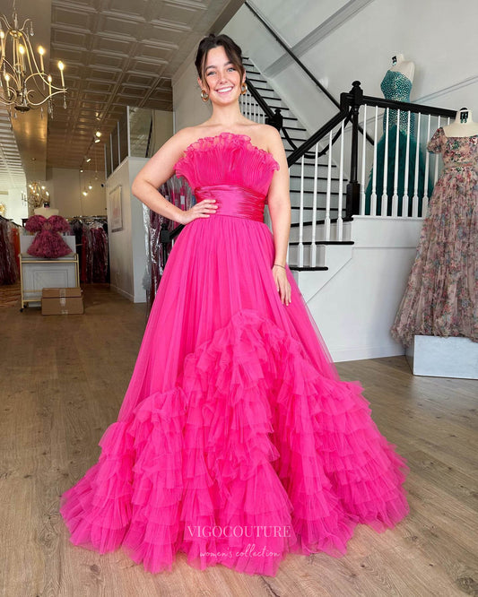 Prom Dress 2025 Radiant Strapless Ruffled Prom Dresses Pleated Tiered Formal Gown 24048-unique elegant Prom Dresses-Fuchsia-Custom Size-vigocouture