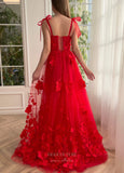 Prom Dress 2025 Red 3D Flower Prom Dresses with Pockets Bow Spaghetti Strap Formal Gown with Slit 24488-unique elegant Prom Dresses-Red-Custom Size-vigocouture