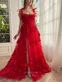 Prom Dress 2025 Red 3D Flower Prom Dresses with Pockets Bow Spaghetti Strap Formal Gown with Slit 24488-unique elegant Prom Dresses-Red-Custom Size-vigocouture