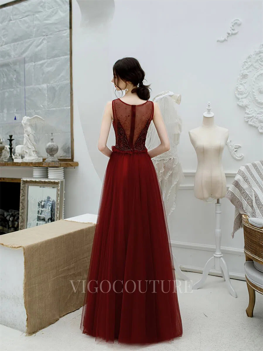 Prom Dress 2025 Red A-line Evening Dress Boatncek Beaded Prom Dresses 20175-unique elegant Prom Dresses-Red-US2-vigocouture