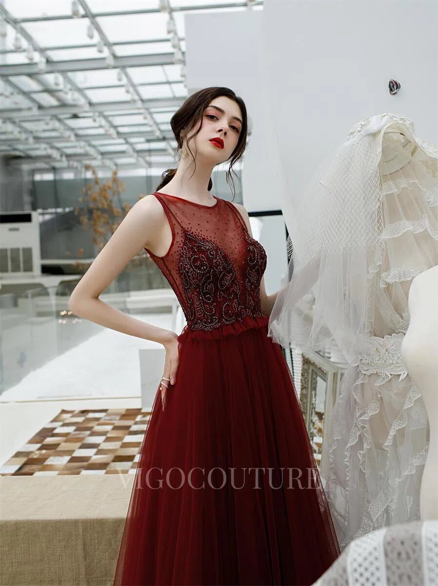 Prom Dress 2025 Red A-line Evening Dress Boatncek Beaded Prom Dresses 20175-unique elegant Prom Dresses-Red-US2-vigocouture