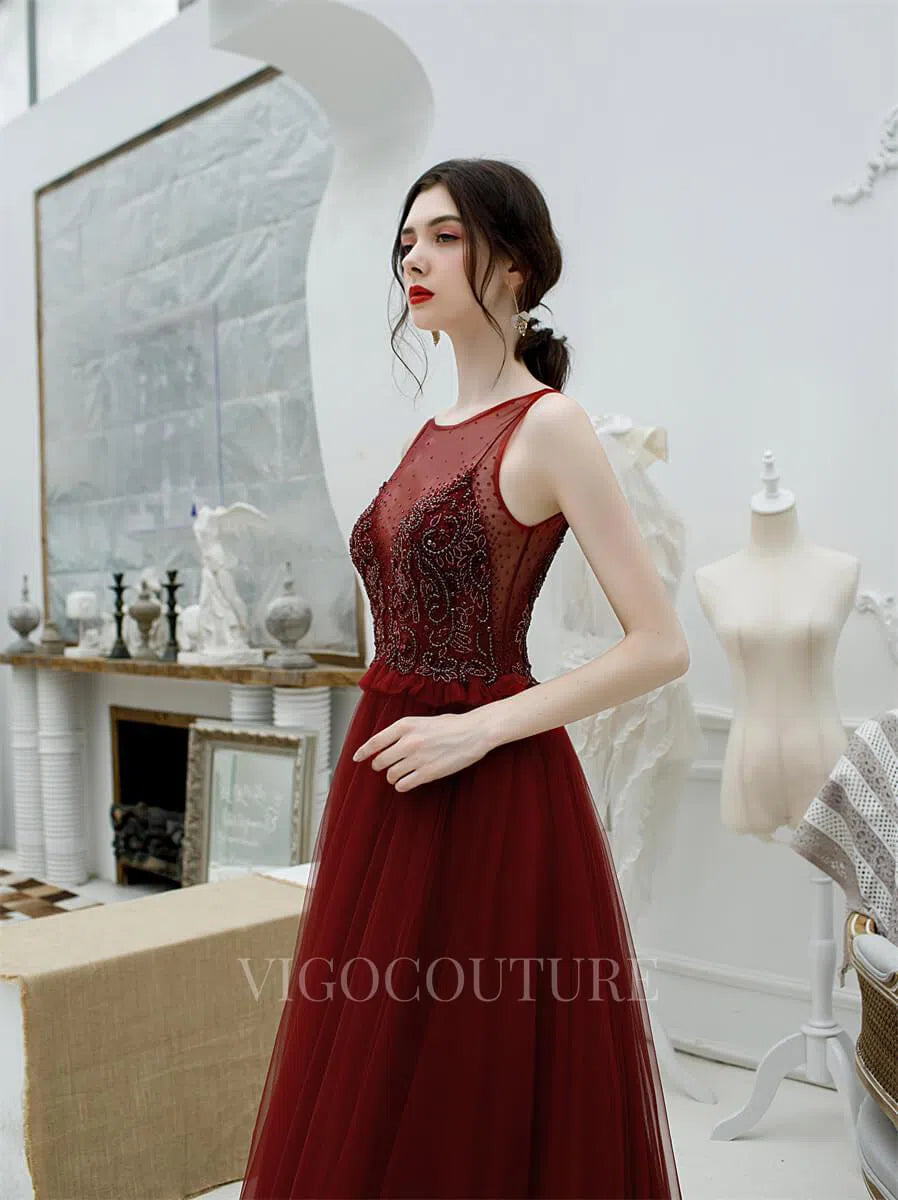 Prom Dress 2025 Red A-line Evening Dress Boatncek Beaded Prom Dresses 20175-unique elegant Prom Dresses-Red-US2-vigocouture