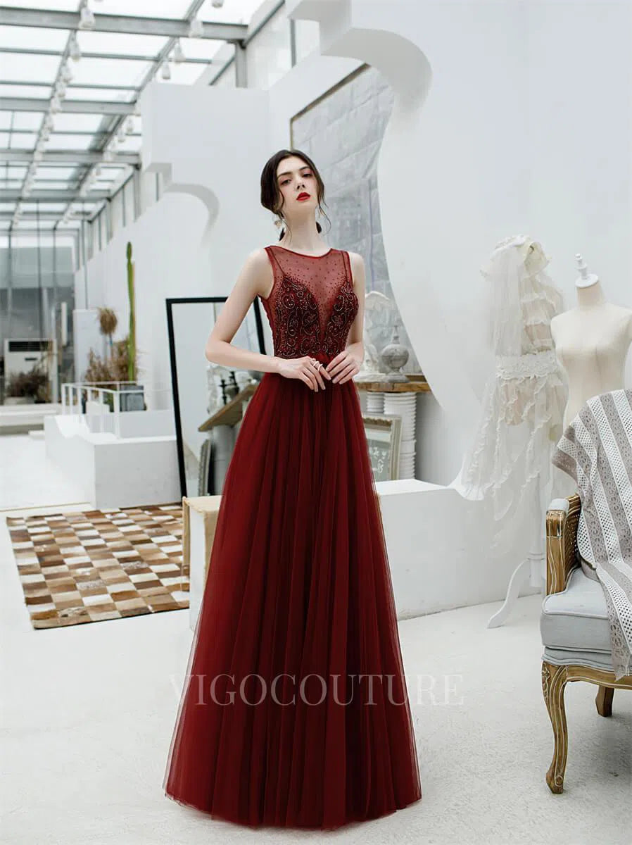 Prom Dress 2025 Red A-line Evening Dress Boatncek Beaded Prom Dresses 20175-unique elegant Prom Dresses-Red-US2-vigocouture