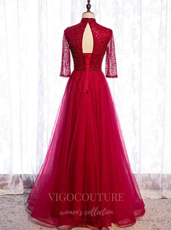 Prom Dress 2025 Red Beaded 3/4 Sleeve Prom Dress 2022 High Neck Formal Dress 20516-unique elegant Prom Dresses-Red-US2-vigocouture