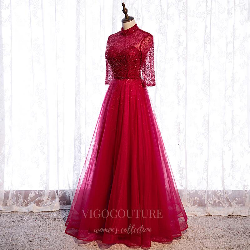 Red Beaded 3/4 Sleeve Prom Dress 2022 High Neck Formal Dress 20516 Custom Colors / 26W Red Beaded 3/4 Sleeve Prom Dress 2022 High Neck Formal Dress 20516 Custom Colors / 26W
