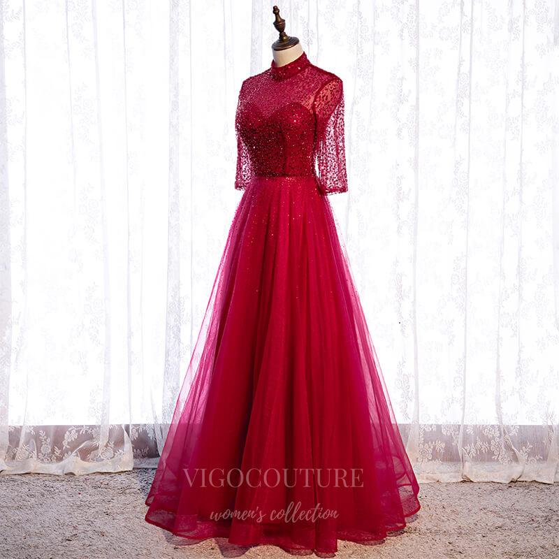 Prom Dress 2025 Red Beaded 3/4 Sleeve Prom Dress 2022 High Neck Formal Dress 20516-unique elegant Prom Dresses-Red-US2-vigocouture