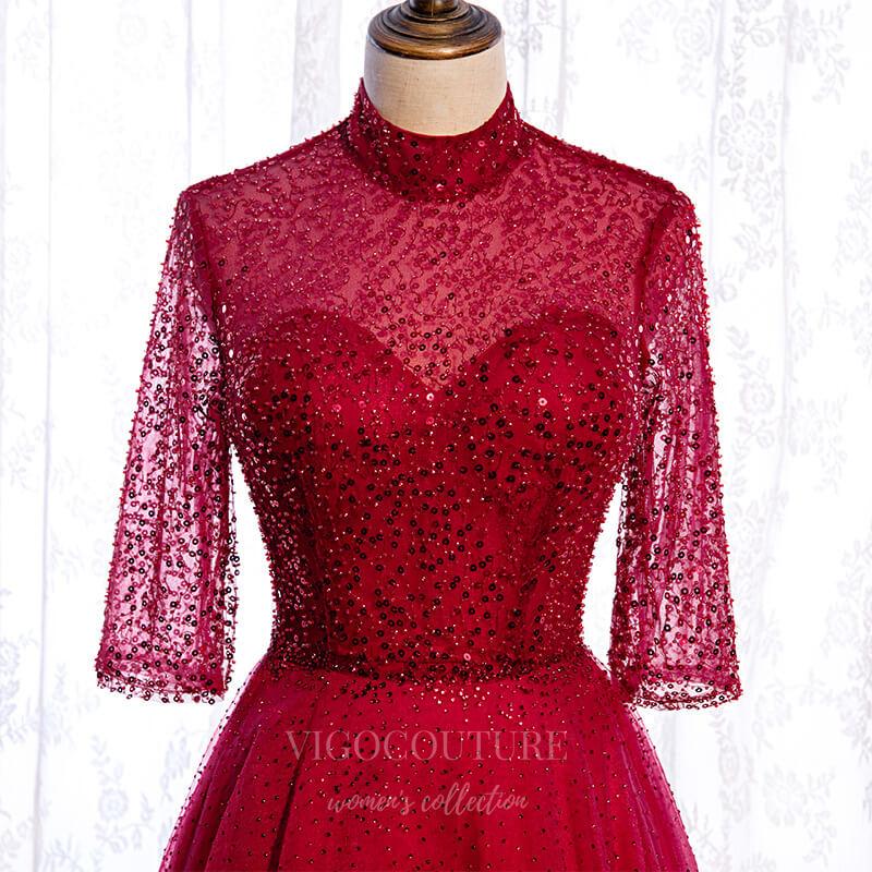 Prom Dress 2025 Red Beaded 3/4 Sleeve Prom Dress 2022 High Neck Formal Dress 20516-unique elegant Prom Dresses-Red-US2-vigocouture