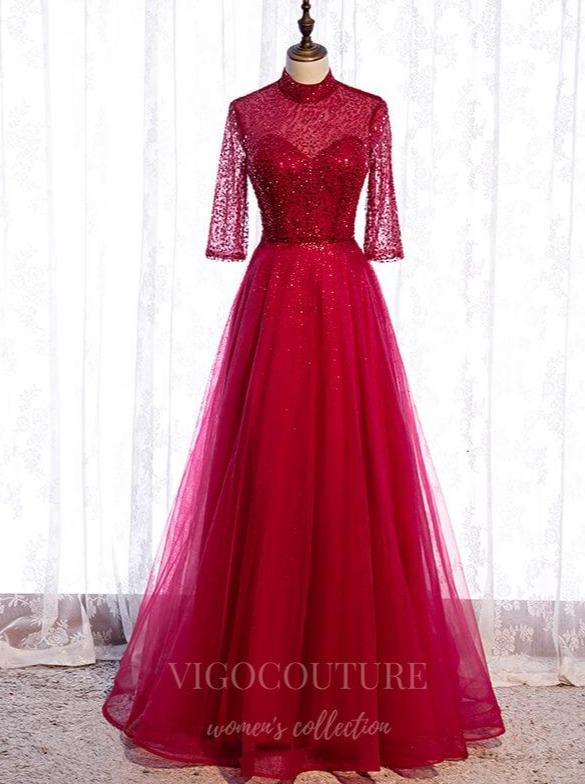 Prom Dress 2025 Red Beaded 3/4 Sleeve Prom Dress 2022 High Neck Formal Dress 20516-unique elegant Prom Dresses-Red-US2-vigocouture