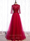 Prom Dress 2025 Red Beaded 3/4 Sleeve Prom Dress 2022 High Neck Formal Dress 20516-unique elegant Prom Dresses-Red-US2-vigocouture