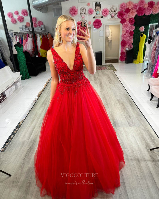 Prom Dress 2025 Red Beaded Floral Lace Prom Dresses Plunging V-Neck Evening Gown 24329-unique elegant Prom Dresses-Red-Custom Size-vigocouture