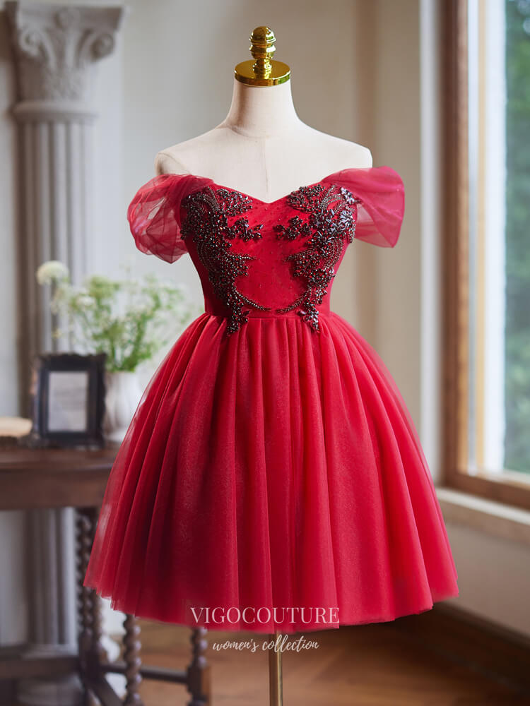 Short Prom Dresses 2025 Red Beaded Lace Homecoming Dress Off the Shoulder Graduation Dress hc327-Prom Dresses-vigocouture-vigocouture