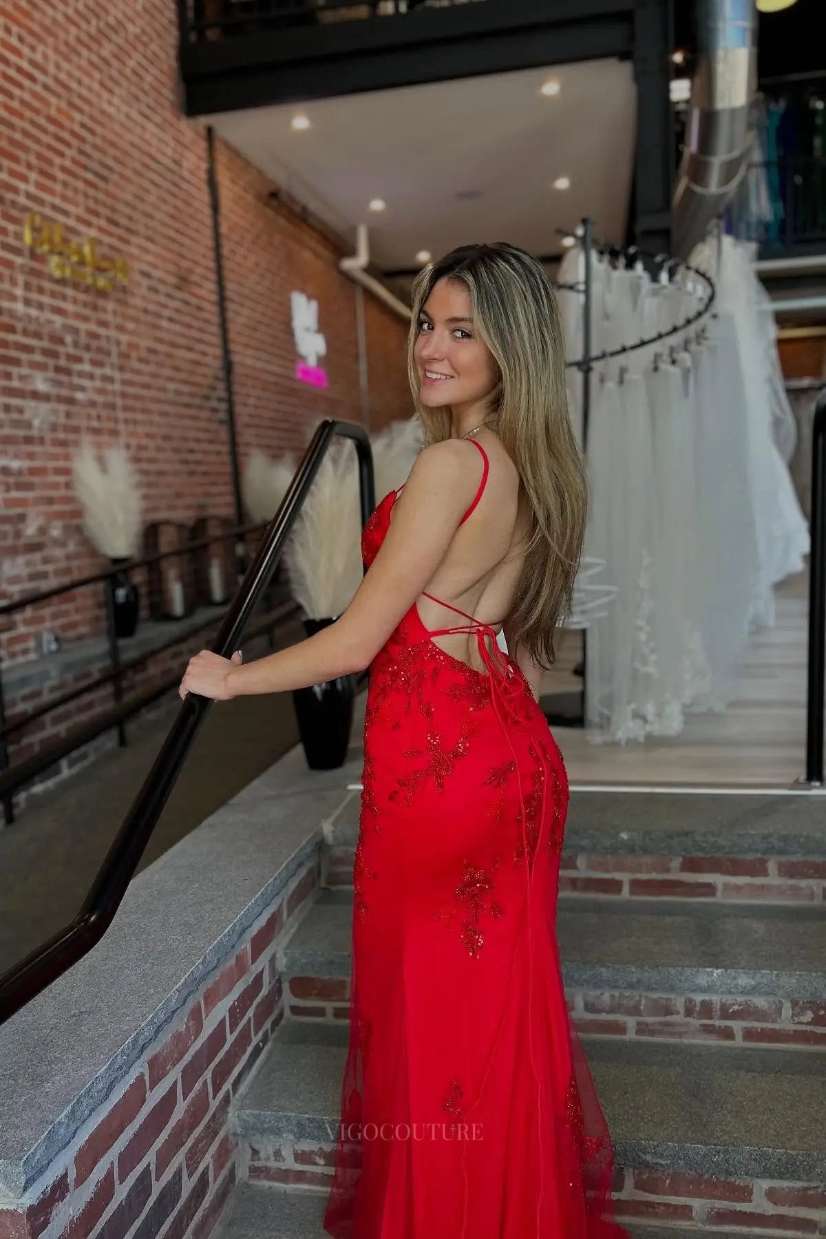 Red Beaded Lace Mermaid Prom Dress with Spaghetti Strap – 26067 – vigocouture