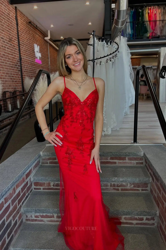 Prom Dresses 2025 to impress Red Beaded Lace Mermaid Prom Dress with Spaghetti Straps, V Neck & Lace-Up Open Back – 26067-vigocouture-vigocouture