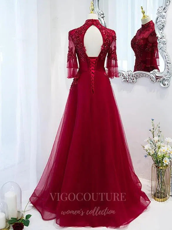 Prom Dress 2025 Red Beaded Lace Prom Dress 2022 High Neck Formal Dress 20504-unique elegant Prom Dresses-Red-US2-vigocouture