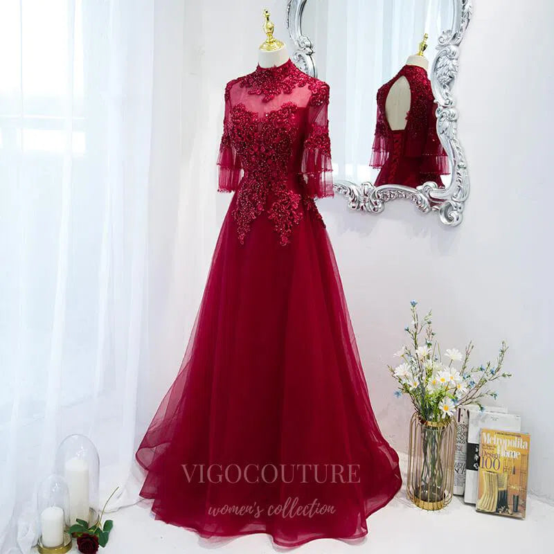 Prom Dress 2025 Red Beaded Lace Prom Dress 2022 High Neck Formal Dress 20504-unique elegant Prom Dresses-Red-US2-vigocouture